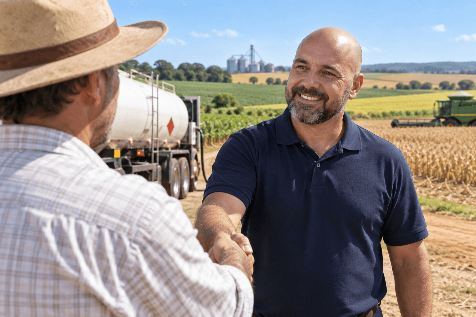 Profissional de combustíveis cumprimenta um produtor rural